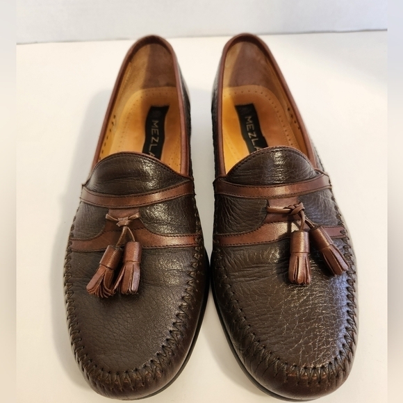 Mezlan Men's Brown Pebbled Leather Kiltie Tassel Slip On Loafers Italy Office - Picture 1 of 7